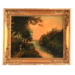 A 19TH CENTURY FRENCH OIL ON CANVAS. A wooded lake scene with chateau and figure on a path, 33cm