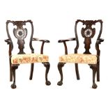 A FINE PAIR OF 19TH CENTURY MAHOGANY CHIPPENDALE STYLE OPEN ARMCHAIRS with fine leaf carved