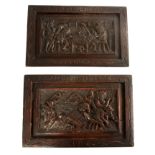 A PAIR OF 17TH CENTURY STYLE CARVED OAK PANELS depicting tavern and gambling scenes, 16.5cm high