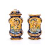 A PAIR OF CASTEL DURANTE MAIOLICA ALBARELLI DATED 1580 each painted with Venus riding a dolphin