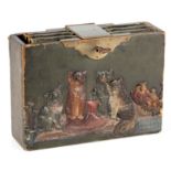 A CASED TRIO OF LEATHER BOOKS within a lockable wooden box with carved cats to one side stamped to