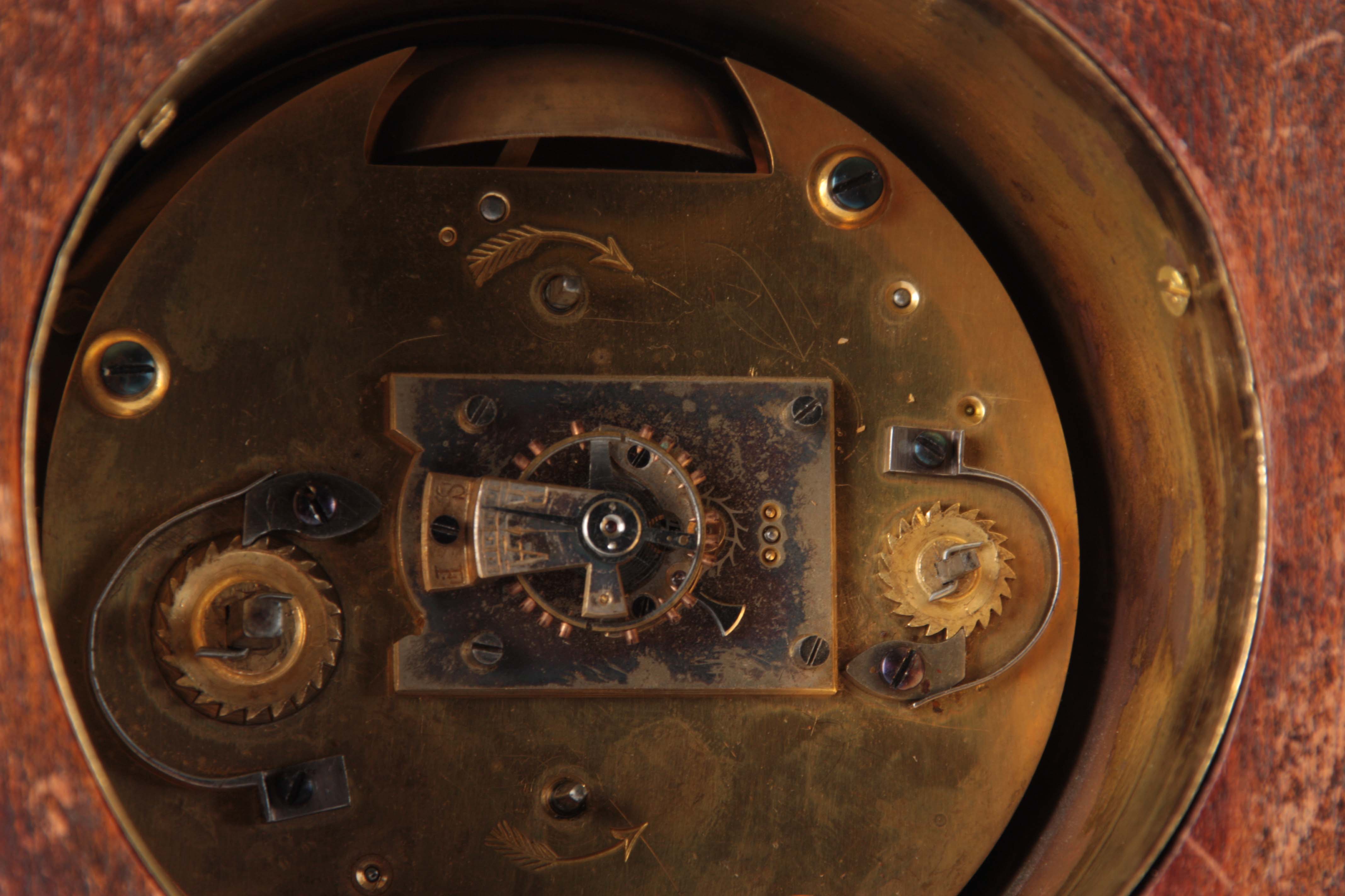 AN UNUSUAL EDWARDIAN SATINWOOD MANTEL ALARM CLOCK the arched case with concave moulded edge and - Image 7 of 7