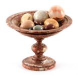 A 19TH CENTURY ITALIAN MOTTLED RED MARBLE GRAND TOUR TAZZA on a turned stem and circular foot 23.5cm