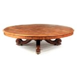 A 19TH CENTURY MAHOGANY COFFEE TABLE with circular moulded edge top and scrolled tripod base with