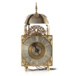 JAMES DRURY, LONDON. A LATE 17TH CENTURY BRASS LANTERN CLOCK surmounted by a turned finial and large