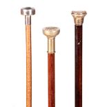 A SELECTION OF THREE EARLY 20TH CENTURY WALKING STICKS with silver metal circular mounts two with