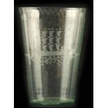 AN 18TH CENTURY GLASS TAPERING VASE with etched decoration around the top edge and a sailing ship to