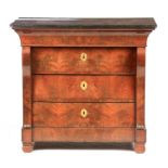 A 19TH CENTURY FRENCH BIEDEMIER STYLE FLAMED MAHOGANY CHEST OF DRAWERS with black marble top above a