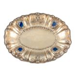 A SILVERPLATE AND BLUE AGATE CONTINENTAL OVAL ROCOCO STYLE DISH on four legs, 50cm long.