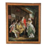 AN EARLY 19TH CENTURY REVERSE PAINTED ON GLASS TAVERN AND FAMILY SCENE depicting a thatched house