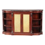 A GEORGE IV FIGURED ROSEWOOD SIDE CABINET IN THE MANNER OF GILLOWS with black veined marble top