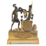 A 19TH CENTURY FRENCH BRONZE AND ORMOLU FIGURAL MANTEL CLOCK with Roman soldier and slayed dragon,