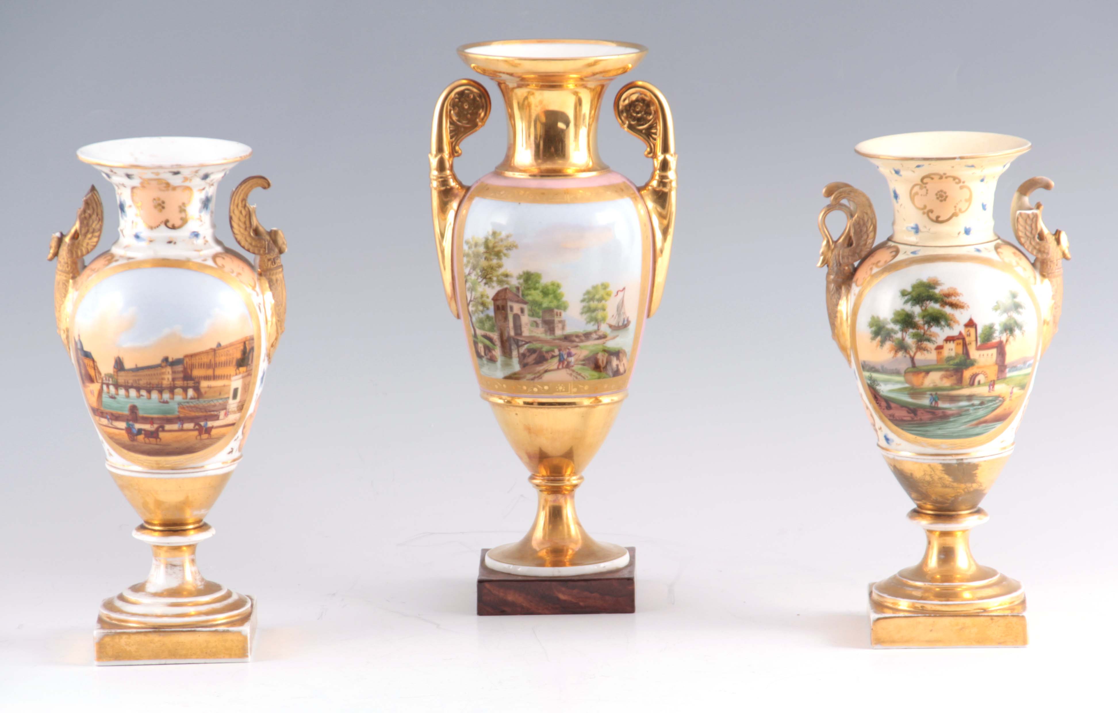 A MATCHED GARNTURE OF THREE 19TH CENTURY PARIS TYPE PORCELAIN VASES with two-handled gilt square