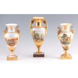 A MATCHED GARNTURE OF THREE 19TH CENTURY PARIS TYPE PORCELAIN VASES with two-handled gilt square