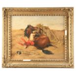 A 19TH CENTURY OIL ON BOARD. Fox hunting scene with rider taking a fall 40cm high, 49cm wide - '