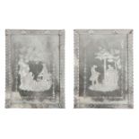 A PAIR OF 19TH CENTURY CONTINENTAL REVERSE ETCHED HANGING MIRRORS depicting classical figural scenes
