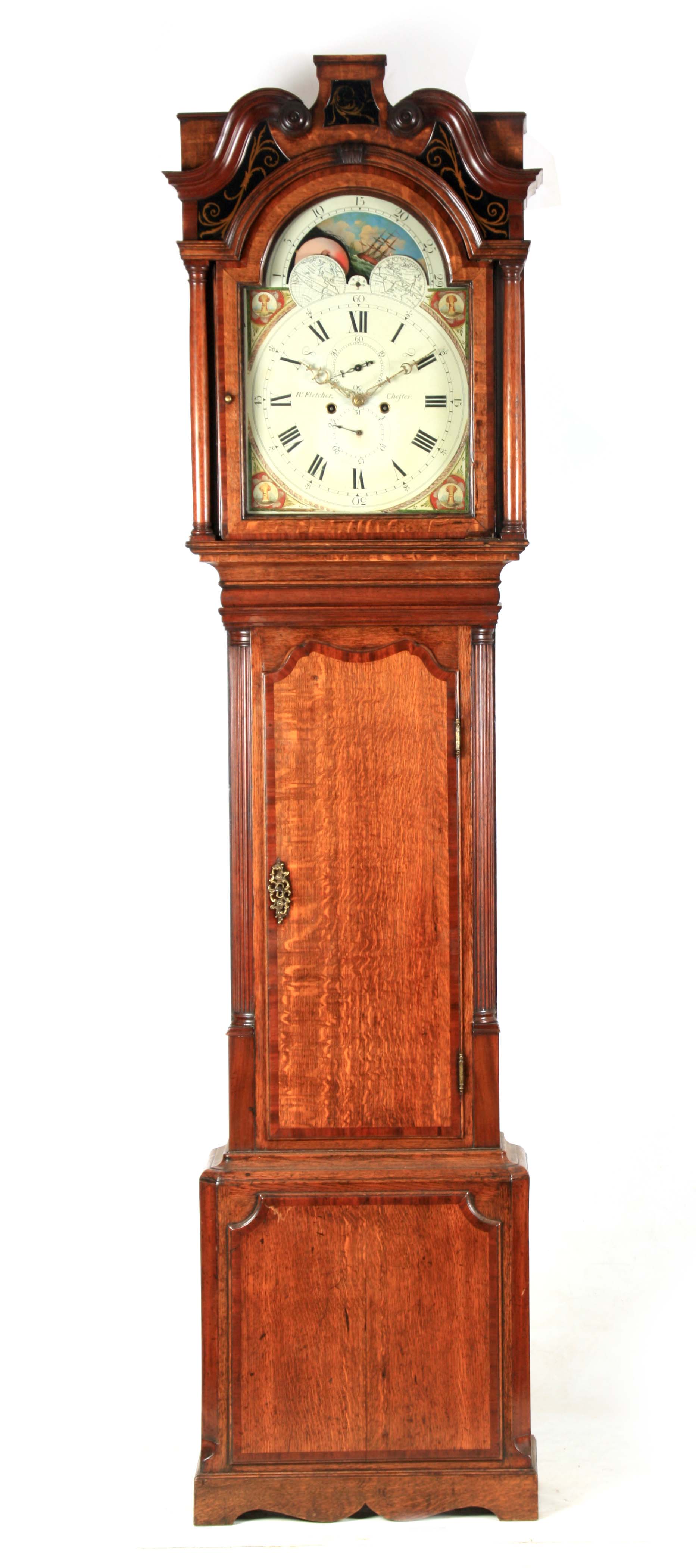 R. FLETCHER, CHESTER. A LATE GEORGE III LONGCASE CLOCK the oak and crossbanded mahogany case with