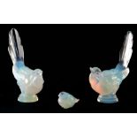 THREE SABINO PARIS GLASS OPALESCENT BIRDS two mockingbirds with embossed marks to the bases and