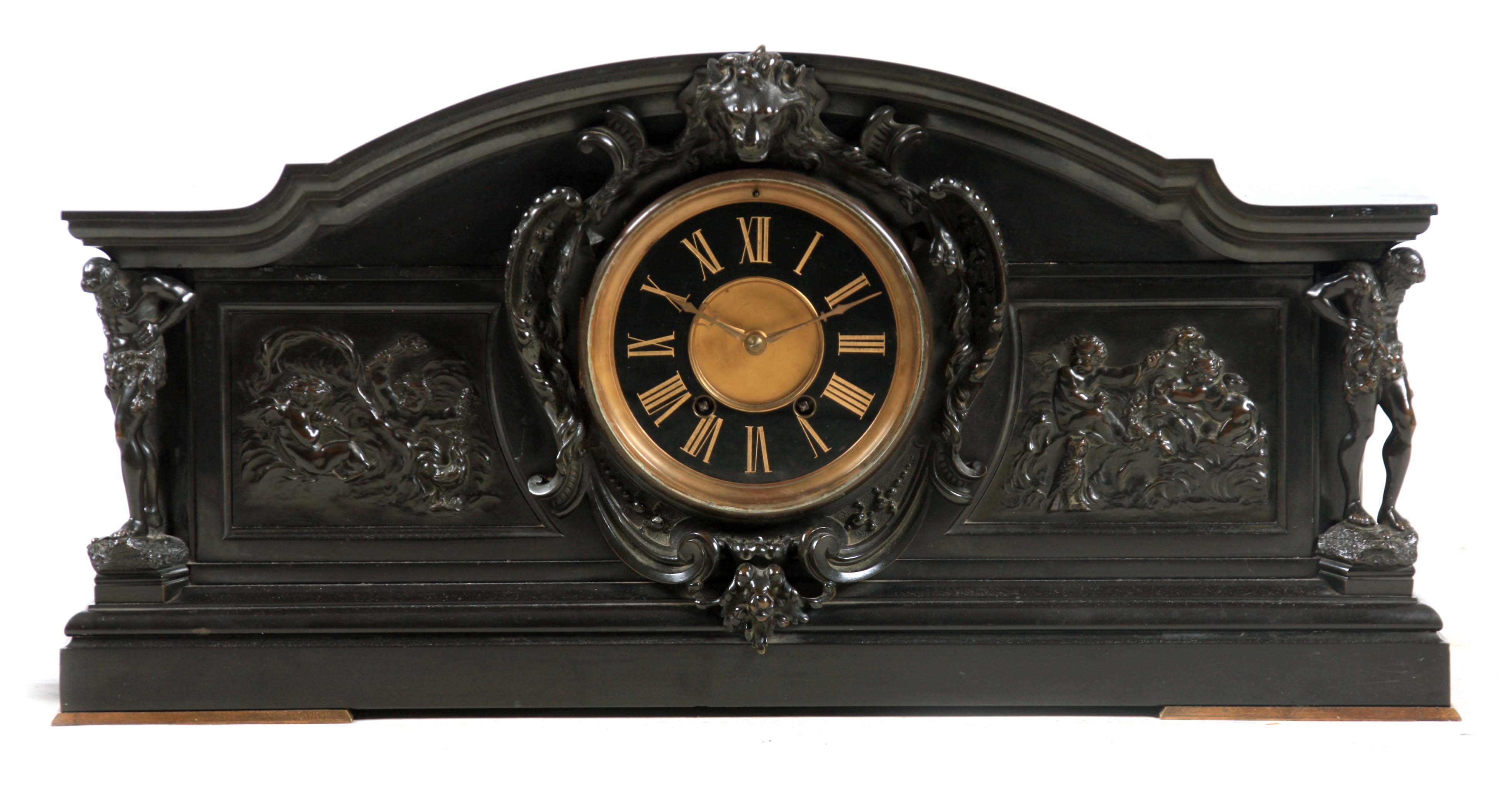 A LARGE LATE 19TH CENTURY BLACK SLATE AND BRONZE MOUNTED MANTEL CLOCK the arched case with moulded