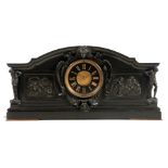 A LARGE LATE 19TH CENTURY BLACK SLATE AND BRONZE MOUNTED MANTEL CLOCK the arched case with moulded