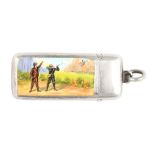 A FINE EDWARDIAN SILVER AND ENAMEL SHOOT MARKER depicting a gamekeeper with a gentleman shooting a