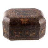 A 19TH CENTURY CHINESE LACQUERED LIDDED BOX with chinoiserie decoration depicting figures and