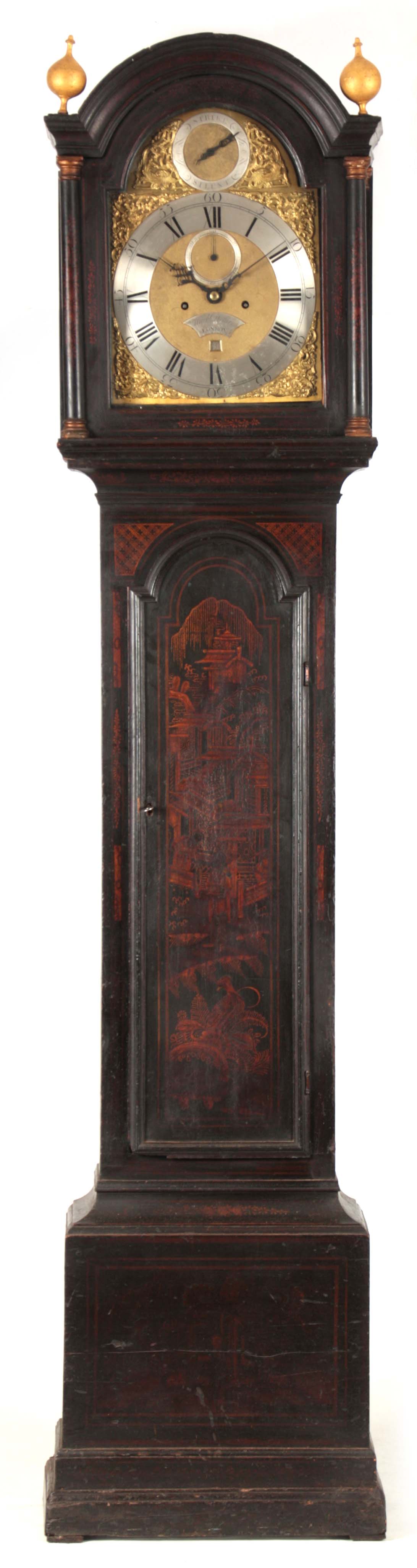 MARK DELURE, LONDON. A MID 18TH CENTURY LACQUERED LONGCASE CLOCK the chinoiserie lacquered oak