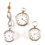 A COLLECTION OF THREE SILVER OPEN FACE FOB WATCHES one signed T. Cave, Coventry. (3)