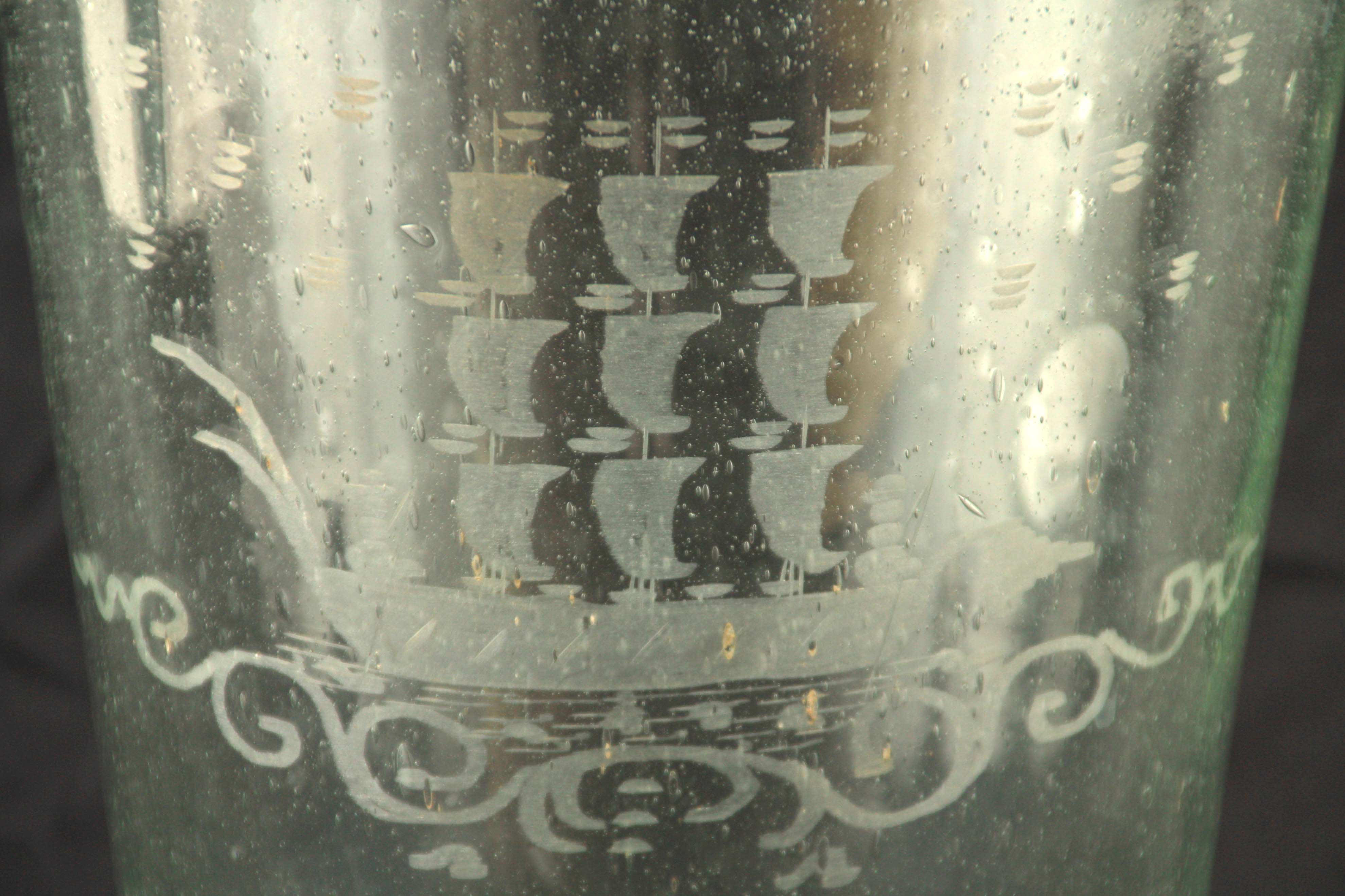 AN 18TH CENTURY GLASS TAPERING VASE with etched decoration around the top edge and a sailing ship to - Image 2 of 4