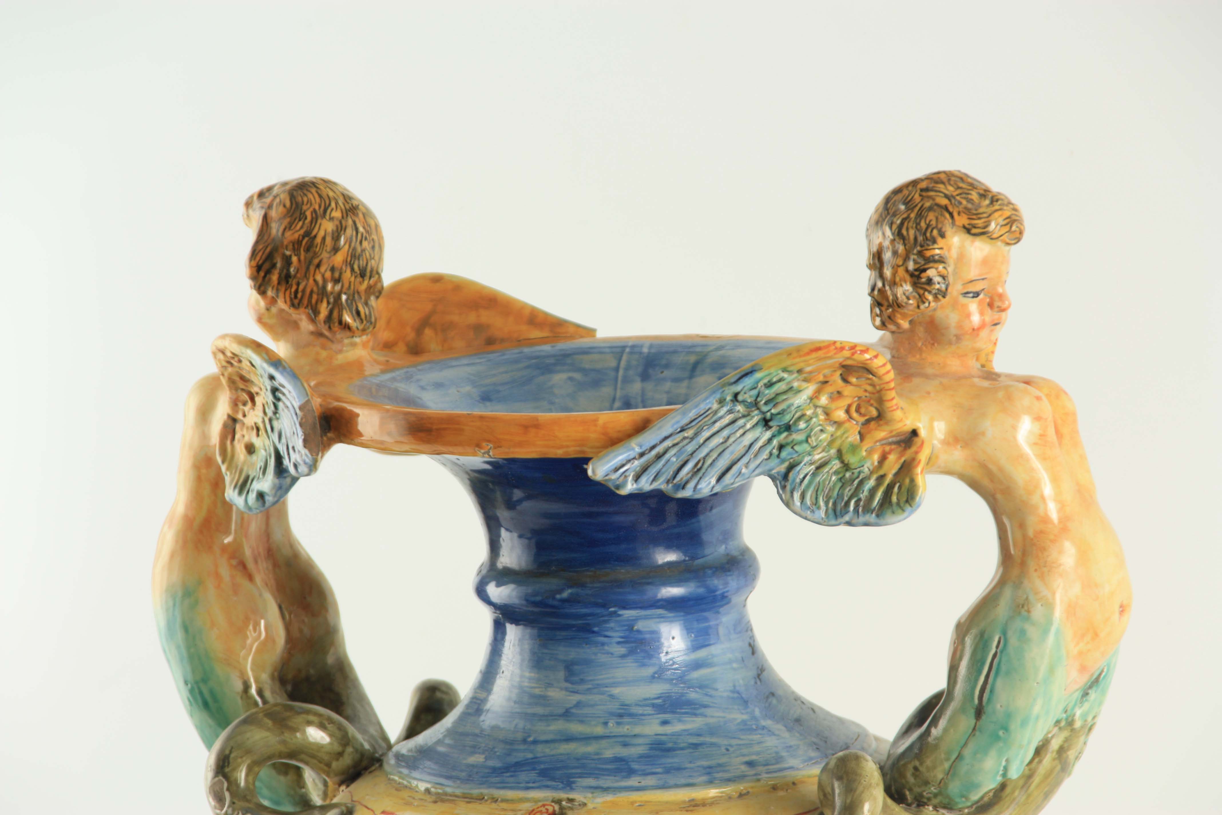 A LATE 19TH CENTURY ITALIAN MAJOLICA PEDESTAL VASE ATTRIBUTED TO CANTAGALLI with winged cherub - Image 2 of 7