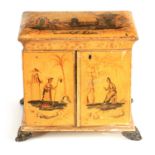 A REGENCY YELLOW LACQUER CHINOISERIE WORK BOX with hinged lid opening to reveal a lined and fitted