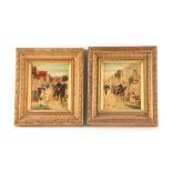 LOUISE VERNANCHET. A PAIR OF 19TH CENTURY FRENCH OILS ON PANEL OF TOWN SCENES with figures and