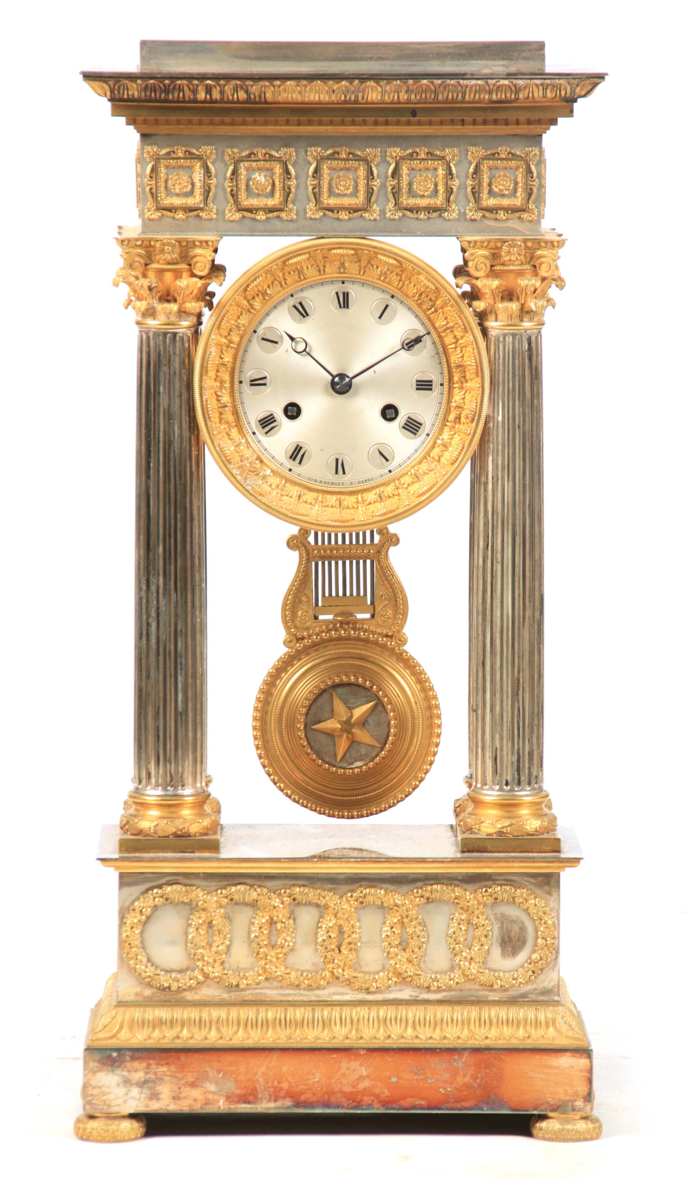 J.B. ROEMAET, A GRAND. A MID 19TH CENTURY FRENCH ORMOLU AND SILVERED PORTICO MANTEL CLOCK the case