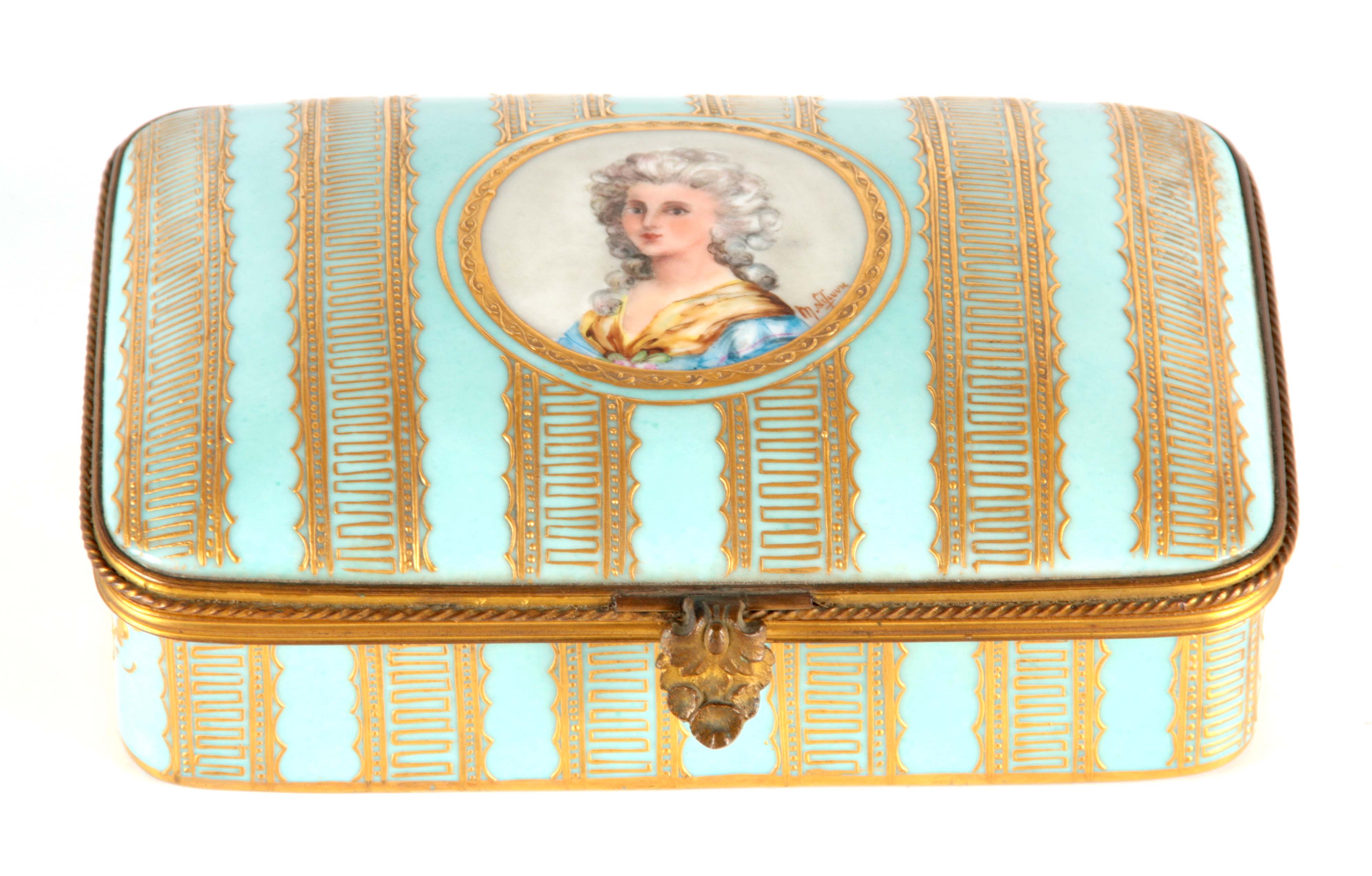 A LATE 19TH CENTURY FRENCH PORCELAIN DRESSING TABLE BOX with ormolu mounts on a turquoise ground