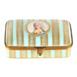 A LATE 19TH CENTURY FRENCH PORCELAIN DRESSING TABLE BOX with ormolu mounts on a turquoise ground