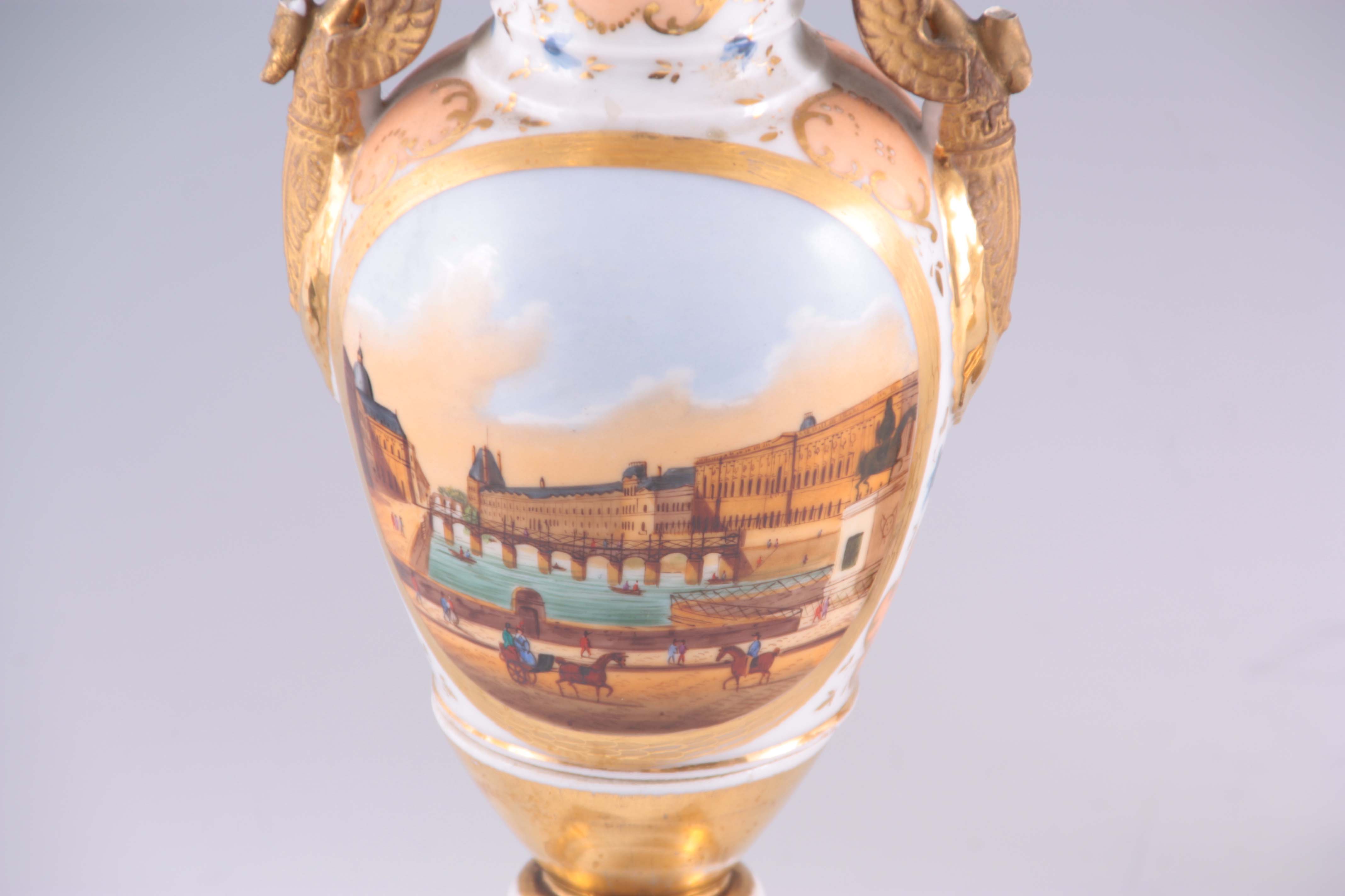 A MATCHED GARNTURE OF THREE 19TH CENTURY PARIS TYPE PORCELAIN VASES with two-handled gilt square - Image 2 of 7