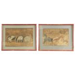 A PAIR OF 18TH CENTURY CHINESE WATERCOLOURS depicting horses with Chinese script above 26cm high,