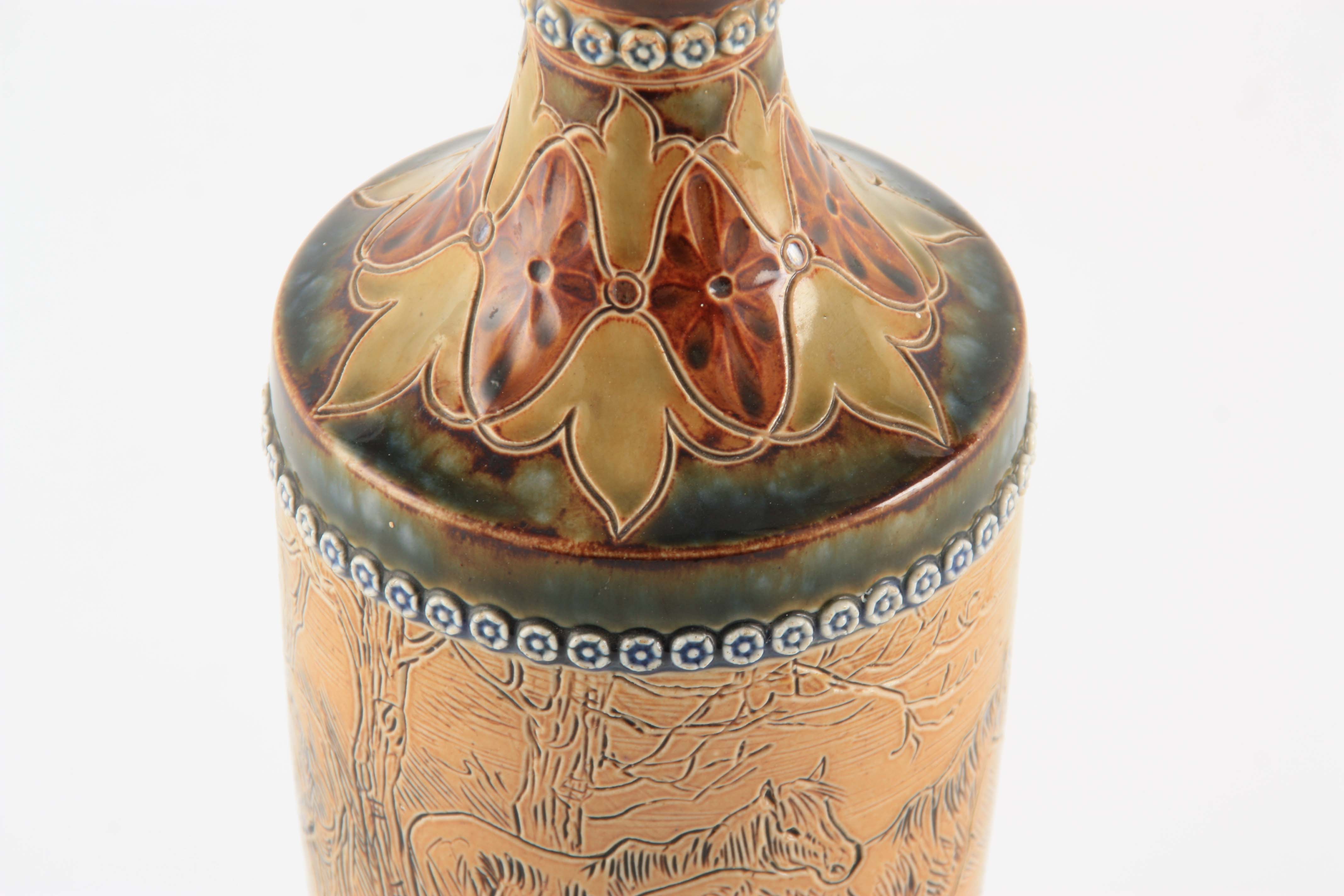 AN EARLY 20TH CENTURY DOULTON LAMBETH STONEWARE VASE BY HANNAH BARLOW decorated with horses having - Image 4 of 9