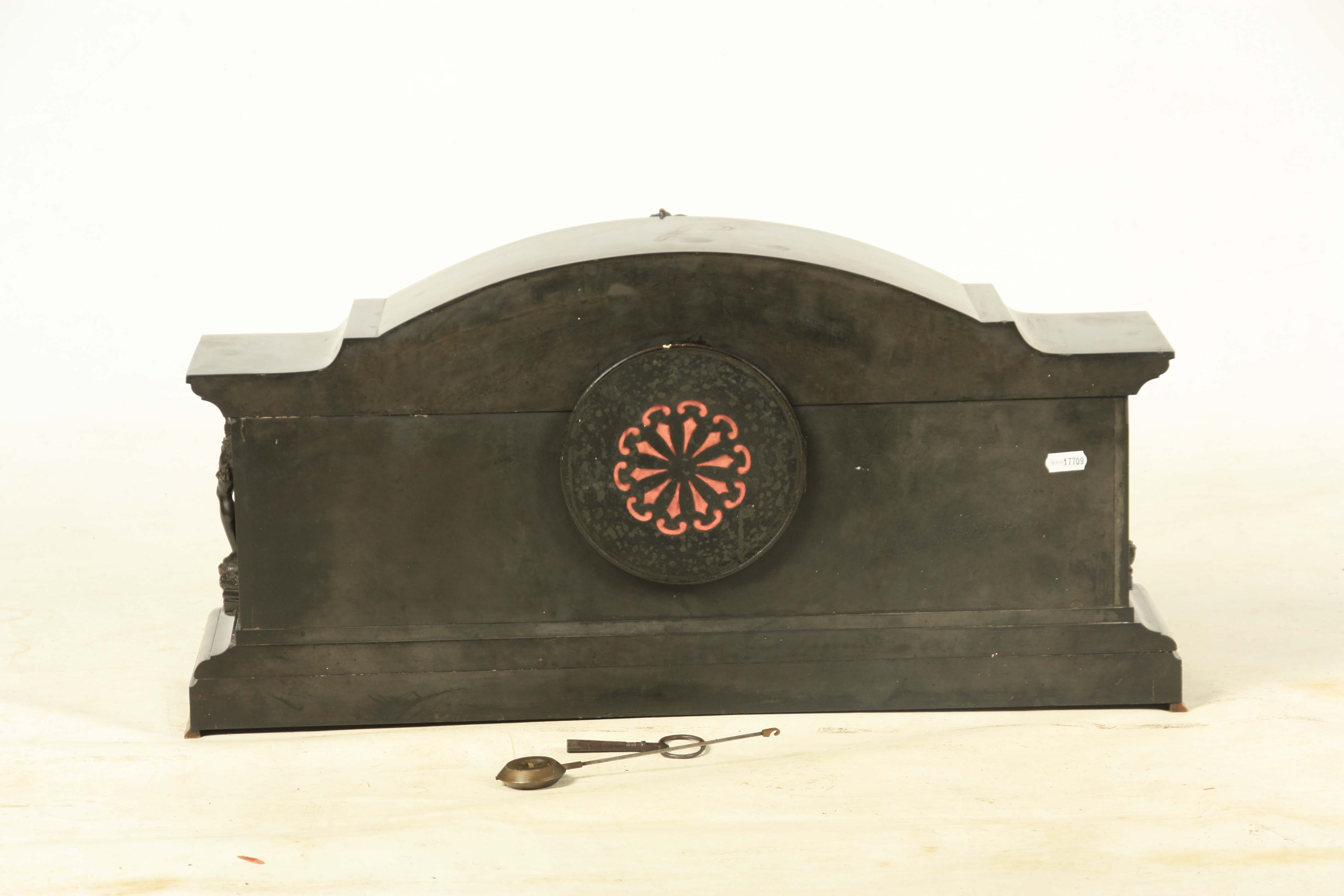 A LARGE LATE 19TH CENTURY BLACK SLATE AND BRONZE MOUNTED MANTEL CLOCK the arched case with moulded - Image 5 of 6