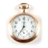 AN AMERICAN 14CT GOLD PLATED OPEN FACED POCKET WATCH signed J.G. Kapp, Toledo. 48mm diameter.