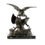 PAUL-EDOUARD DELABRIERRE. A LATE 19TH CENTURY PATINATED BRONZE SCULPTURE depicting two hawks