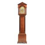 AN EARLY 20TH CENTURY MAHOGANY WEIGHT DRIVEN EIGHT-DAY GRANDMOTHER CLOCK the 8” arched brass dial