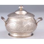 A 19TH CENTURY RUSSIAN SILVER BOWL AND COVER engraved with stylised flower head decoration, shaped