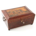 AN EARLY 19TH CENTURY BURR YEW-WOOD SEWING BOX the coloured printed top depicting a boy with a
