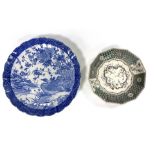 A 19TH CENTURY CHINESE SCALLOPED EDGE BLUE AND WHITE DISH decorated with flowers and birds 37.5cm