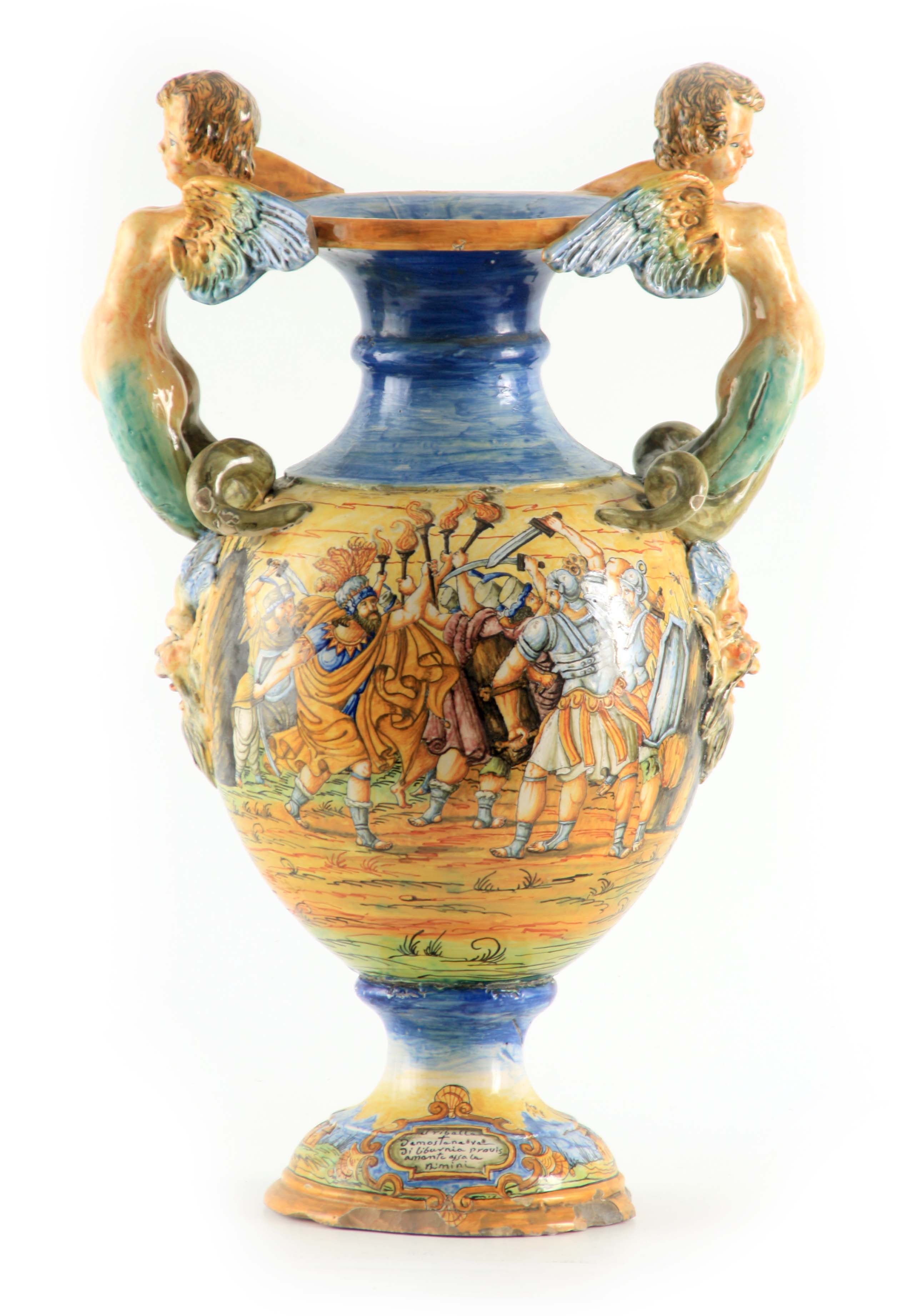 A LATE 19TH CENTURY ITALIAN MAJOLICA PEDESTAL VASE ATTRIBUTED TO CANTAGALLI with winged cherub