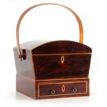 A REGENCY ROSEWOOD AND BOXWOOD SEWING BOX with fold-over handle, hinged lid and base drawer 25cm