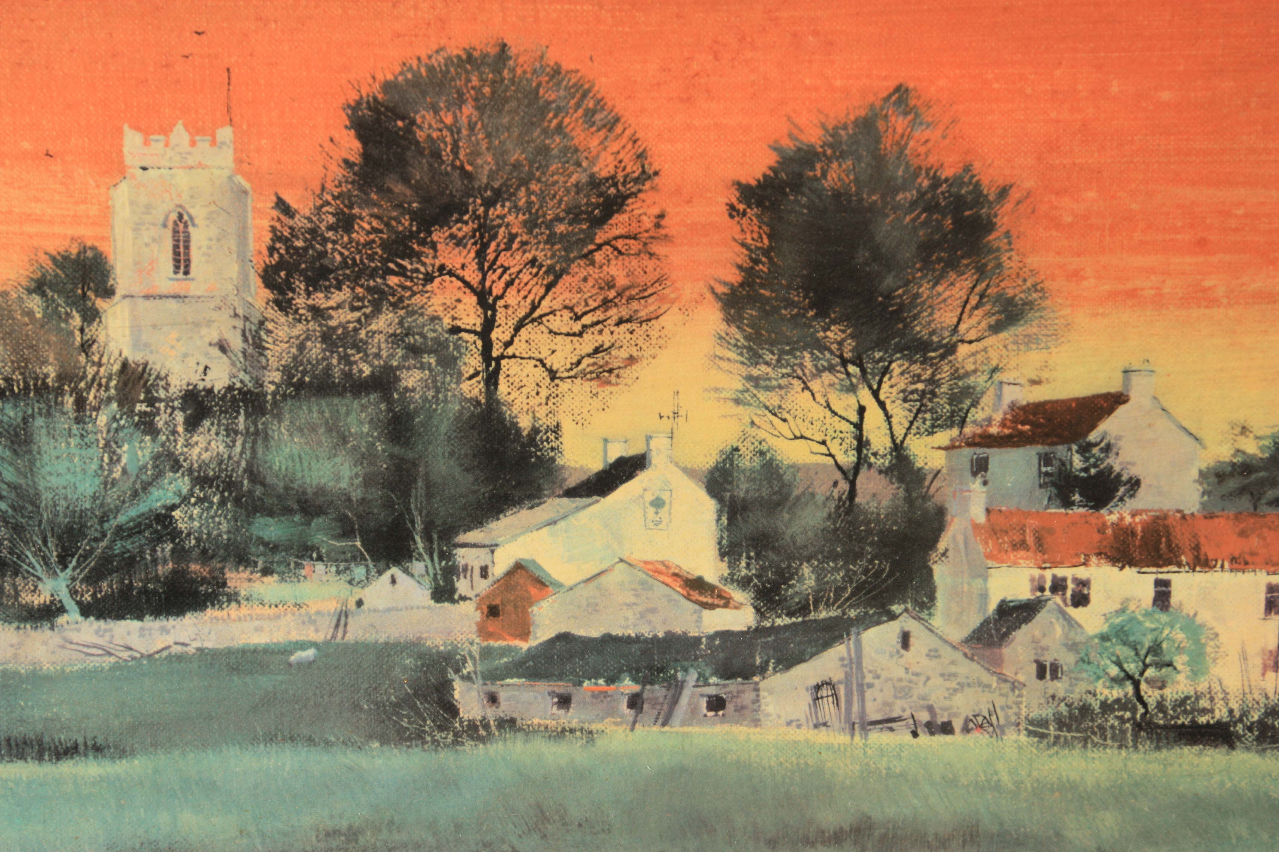 MICHAEL DAVID BARNFATHER BORN 1934 PRINT of a panoramic village scene at sunset, titled - - Image 5 of 6