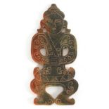 A SHAPED AND CARVED RUSSET JADE TABLET formed as a robed standing buddha 22cm high.