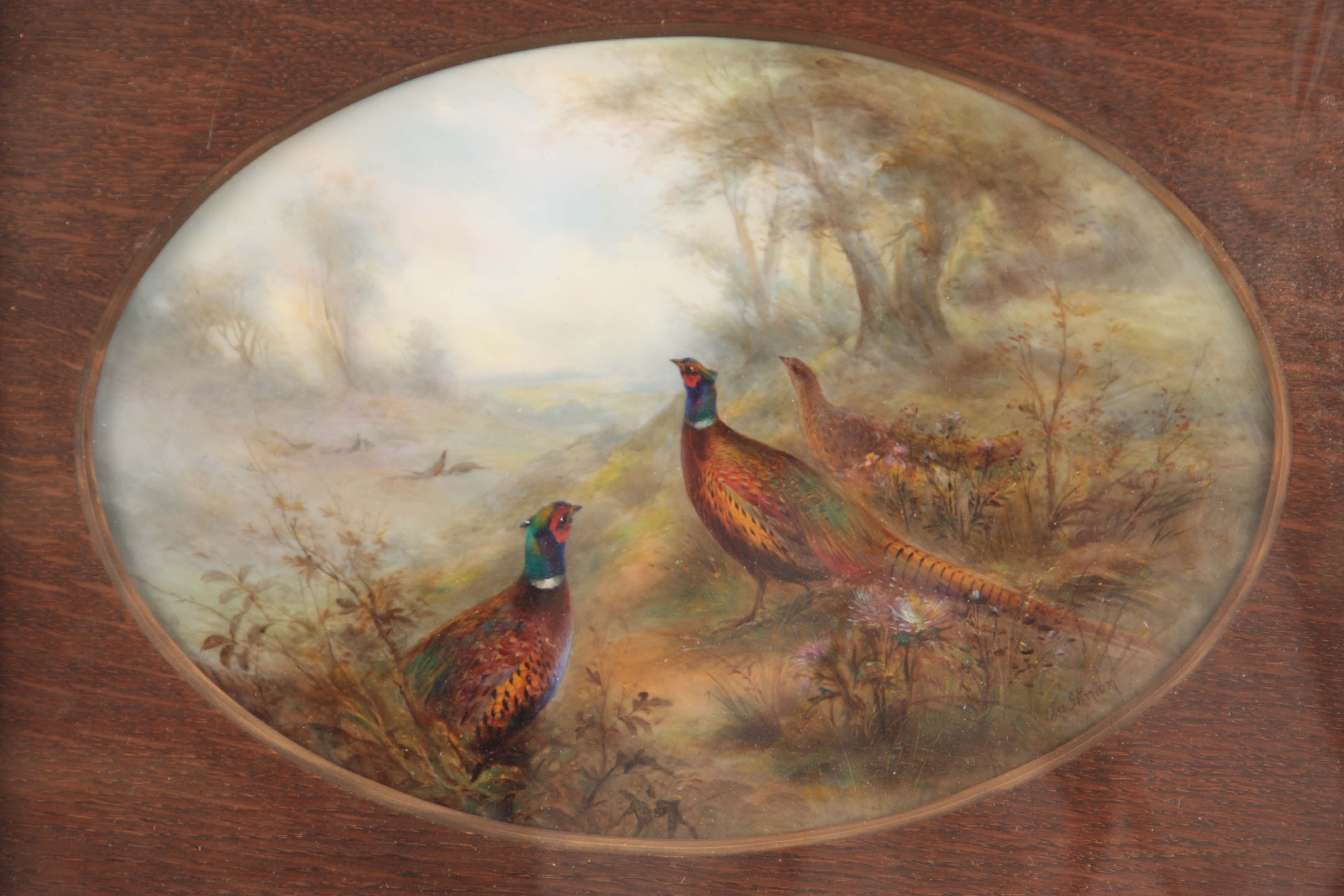 JAMES STINTON. A FINE ROYAL WORCESTER LARGE FRAMED OVAL PORCELAIN PLAQUE painted with cock and hen - Image 2 of 7